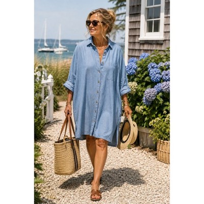 Lafayette 148 New York Kyrie Oversized Chambray Shirt Dress Tunic Blue Sz XXL