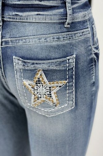 Women's Jeans Start Back Embroidered Pockets Light Washed Denim Bootcut Pants - Picture 4 of 11