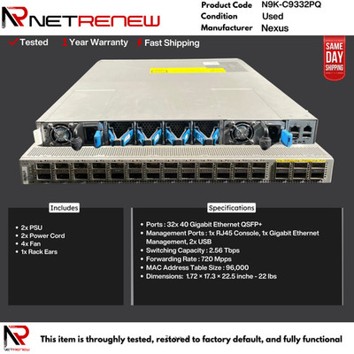 Nexus  Cisco N9K-C9332PQ Managed Switch 32 Port QSFP 40G  w/2x PSU