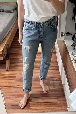ZARA Boyfriend Ankle Jeans 36 S hellblau stonewashed Nieten distressed Risse 1A