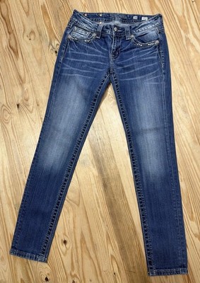 MISS ME JP510GSK-2 DISTRESSED FLEUR DE LIS STRETCH SKINNY DENIM JEANS~28 X 31