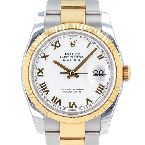Rolex Datejust 116203 TwoTone 18KY SS White Roman Dial Oyster Watch - Box & Cert