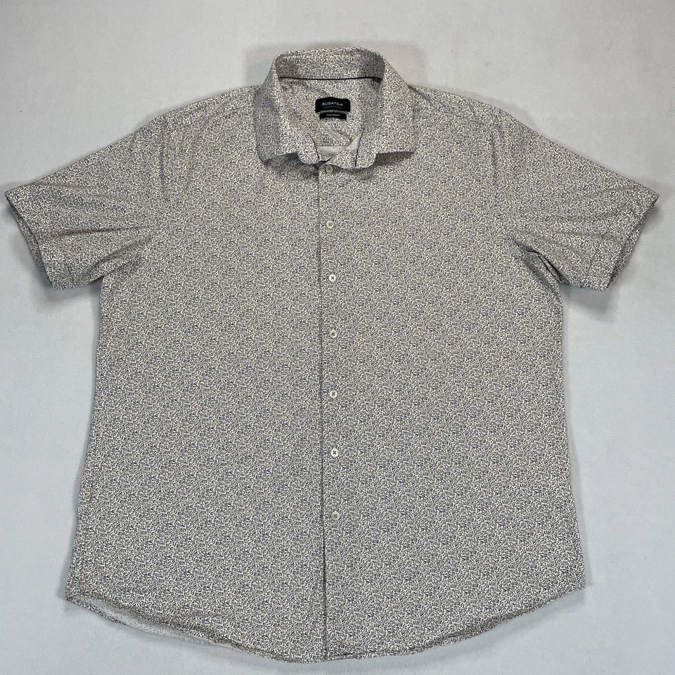 Bugatchi Shirt Mens 2XL Sand Blue Floral OoohCotton Tech Short Sleeve Casual - Image 2 of 4