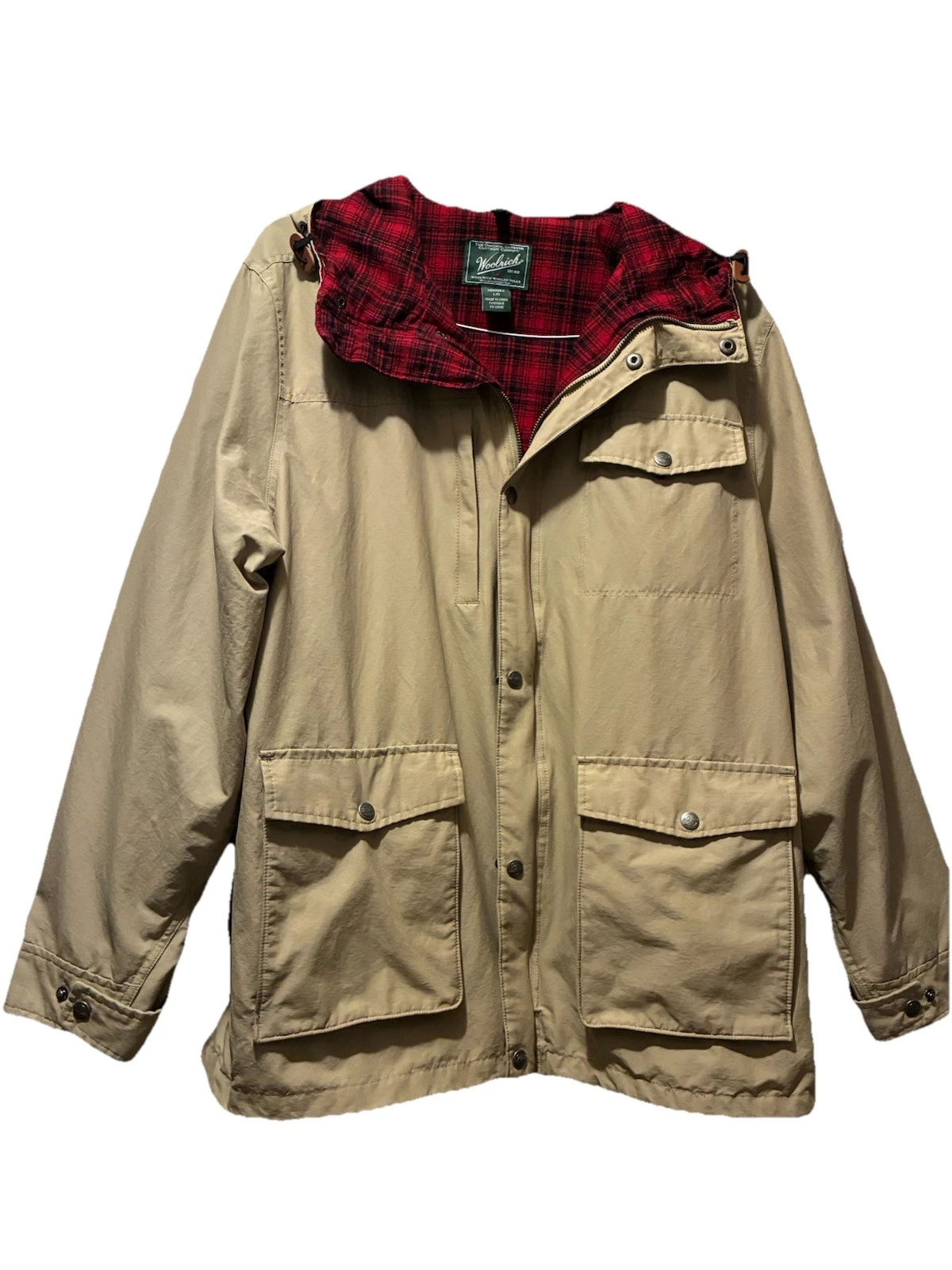 Woolrich Tan Plaid-lined Hooded Men’s Rain Jacket Large