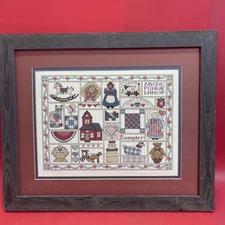 Framed Cross Stitch Country Sampler Americana Folk Art Alphabet Quilt Home Decor