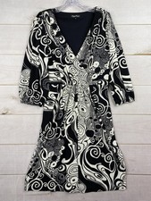 Maggy Boutique Dress Sz 4 Black White Geo Faux Wrap Stretch 3/4 Sleeve Retro