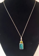 Beautiful Rustic Rectangular 925 Silver Turquoise And Peridot PendantW/Silver18"