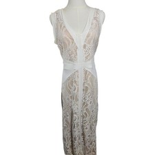 Candalite White Floral Lace Maxi Dress Nude Illusion V-Neck Sleeveless Large