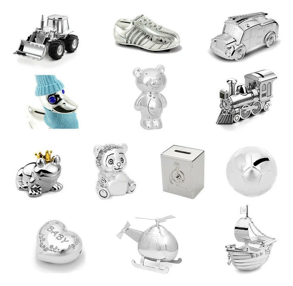 Hucha Infantil De Metal Plateada Con Grabado Varios Motivos