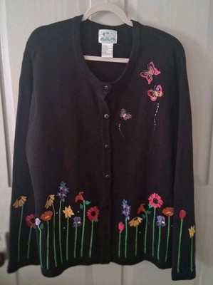 The Quacker Factory Raime Cotton Black Button Up Cardigan Embroidered 2X
