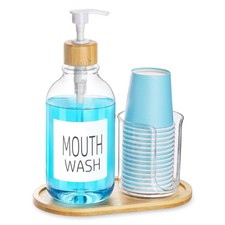 Mouthwash Dispenser with Cup Holder Plastic Mouth Wash Pump Bottle with Tray
