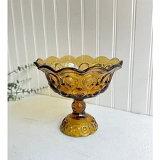 Vintage L.E. Smith Moon and Stars Pedestal Compote Bowl | Amber Brown Glass | 7"