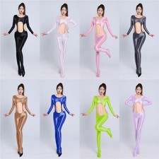 Women's Oil Shiny Glossy Hollow Out Bust Bodysuit Sexy Shaping Jumpsuit Catsuit