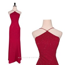 Vintage Niki Livas Prom Dress Maxi Gown 6 Red Beaded Glam Y2K Slip Evening Gala