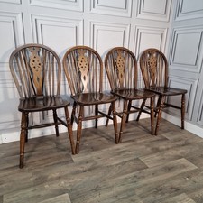 Vintage Dining Chairs Wheel Back - Set Of 4 Solid Wooden Hoop Windsor Seats Wood
