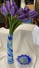Vintage Murano Art Glass Cobalt Blue & White Swirl Curved Tall Vase Handblown