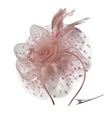 Women's Fascinators Tea Party Wedding Mesh Flower Pearl Feather Dusty Pink