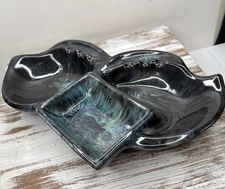 Mid Century Modern Dual Ashtray Black W/ Turquoise Accents - Cigarette Pack Spot