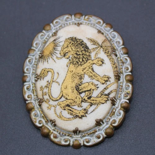 Vintage Western Germany Sugared Crystal Milk Glass Brooch Pin Zodiac Leo Lion