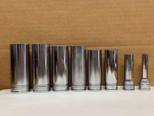 SNAP-ON 8 PC 3/8" DRIVE 6 POINT DEEP SOCKETS (1/4" SFS081- 7/8" SFS281) USED.