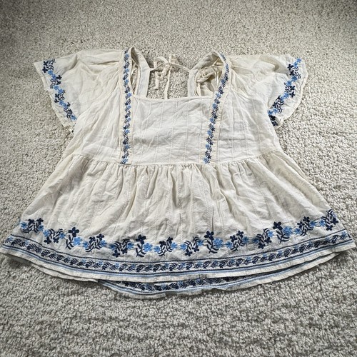 Old Navy Top Women’s 3X Blouse White & Blue Embroidery Boho Babydoll