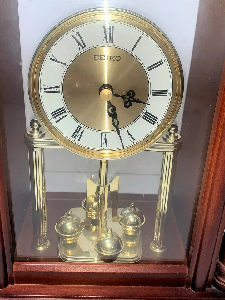 VTG Seiko QXG332BLH Rotating Pendulum 10" Wood Carriage Gold-Toned Mantel Clock - Image 3 of 4