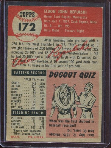 1953 Topps Baseball # 172 Rip Repulski (EX) Excellent - Picture 2 of 2