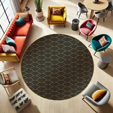 Seigaiha Round Rug, Wave Pattern Mat, Gold Black Carpet, Zen Room Decor