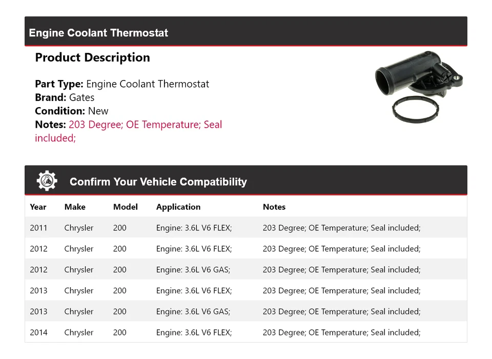 Para Chrysler 200 2011-2014 Motor Refrigerante Termostato Puertas 2012 2013 Foto 2 de 4