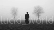 Ghostly B&W AI Art Image Figure in Foggy Meadow Digital Wallpaper Background Pic