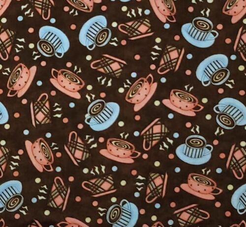 Coffee Cups Mugs Brown Pink Blue Debbie Mumm Cotton Quilt Fabric 1 1/2 yard