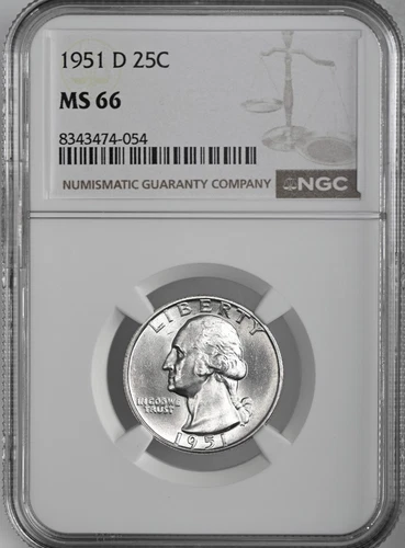 1951-D  25C WASHINGTON SILVER QUARTER "DENVER MINT" NGC MS66 #8343474-054