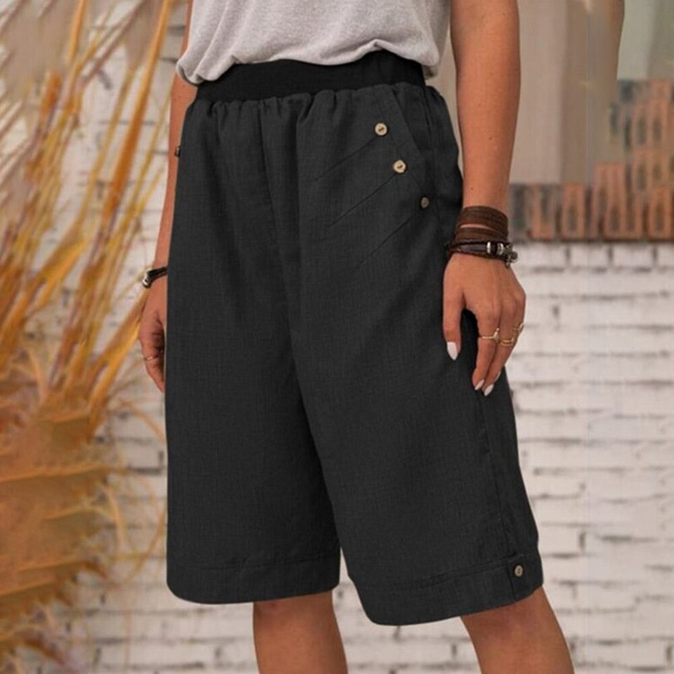 LADIES SHORTS HALF ELASTICATED WAIST WOMENS SUMMER CASUAL BEACH PANTS