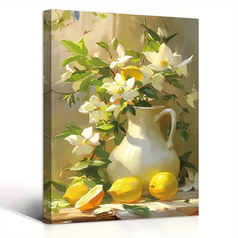 Vintage Lemon & White Floral  Wall Art  Canvas Unframed/Framed