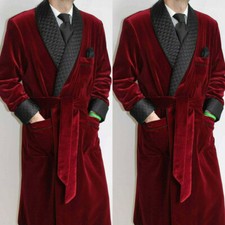 Burgundy Men's Smoking Jacket with Belt Prom Party Velvet Coat Long Robe Jacket