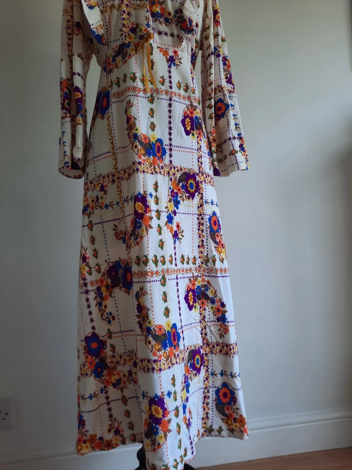 Maxi Vestido Vintage Años 60 Años 70 Naranja Azul Patrón Floral Retro Talla 10-12 Cuello Mc Foto 4 de 4