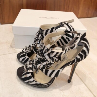 JIMMY CHOO Fringe Studs Zebra Heel Sandals Mules Pumps Shoes Women Size 36 
