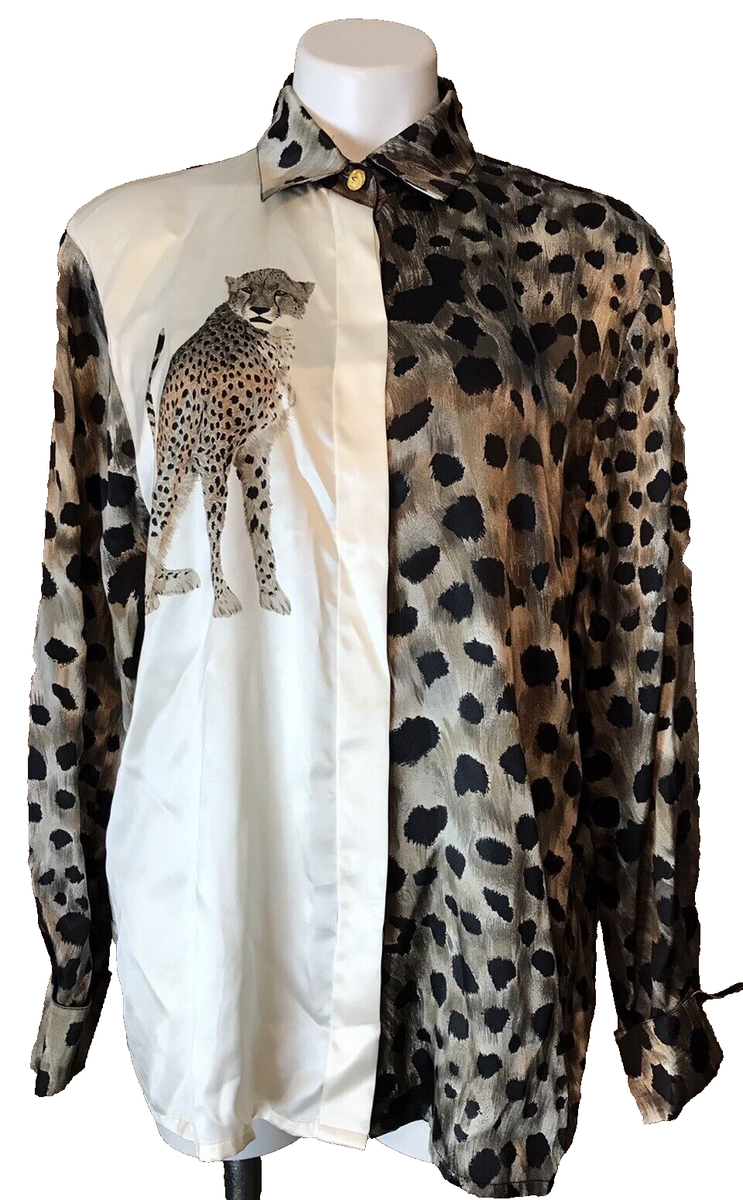 Chemise Unisexe Vintage Paolo Santini En Soie - Imprimé Animalier Safari, Taille Femme 12/homme S-M