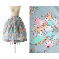 Vintage 1950s Skirt 50s Fruit Novelty Print Blue Cotton Full Swing Skirt