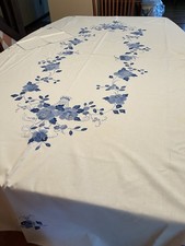 Cotton White Tablecloth Blue Floral Basket Embroidery Rectangular Traditional