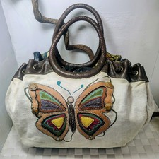 Relic Canvas Purse Sewn on Multicolor Leather Butterfly -Ring Braided Handles