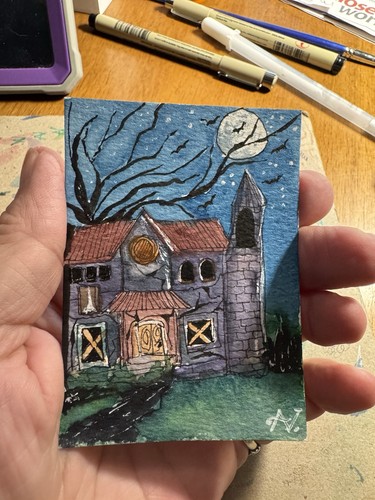 Original Handmade Signed ACEO  watercolor and Ink Camblch OOAK Halloween house.