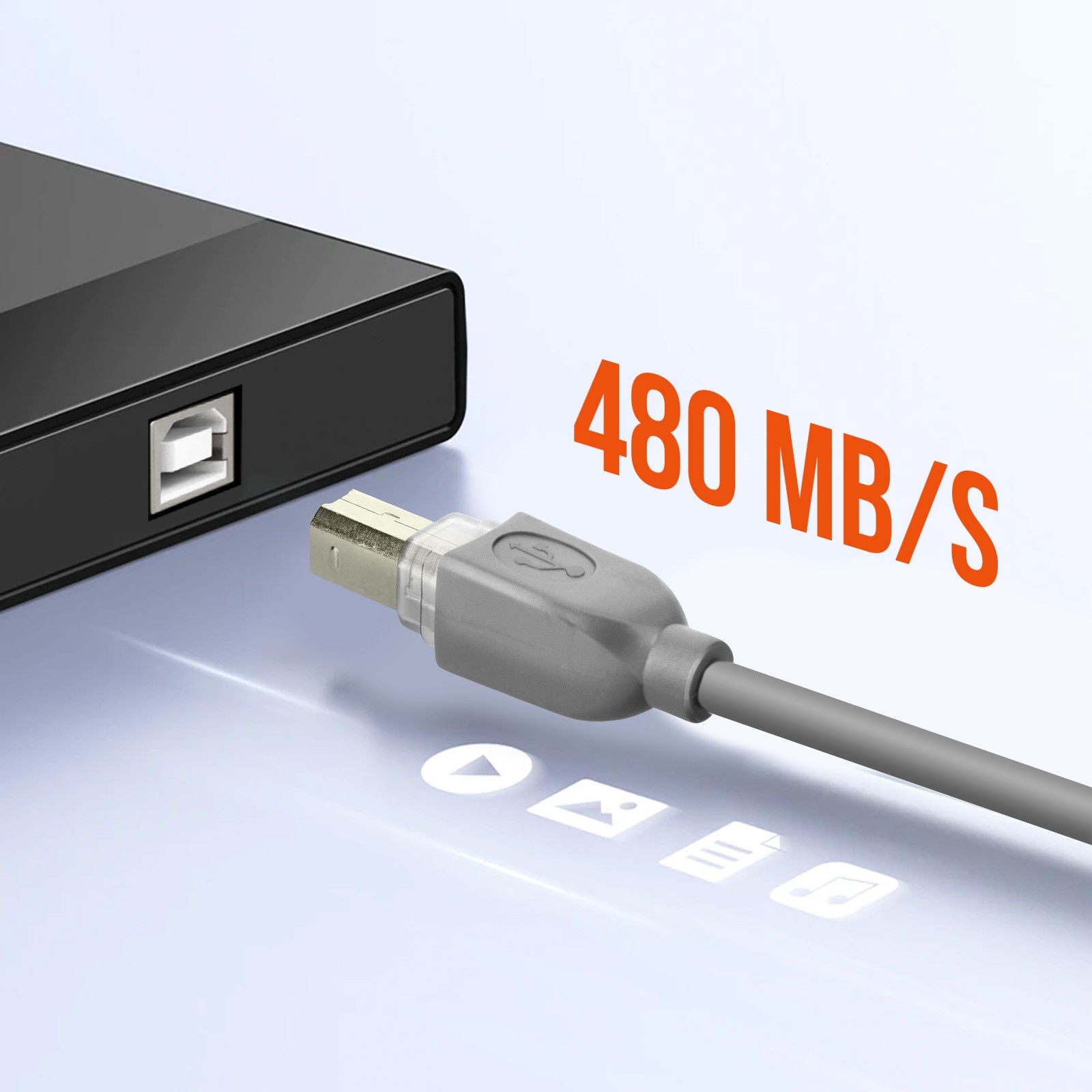 Câble USB-A vers USB-B LinQ transfert stable 1,8m gris anti-interférence
