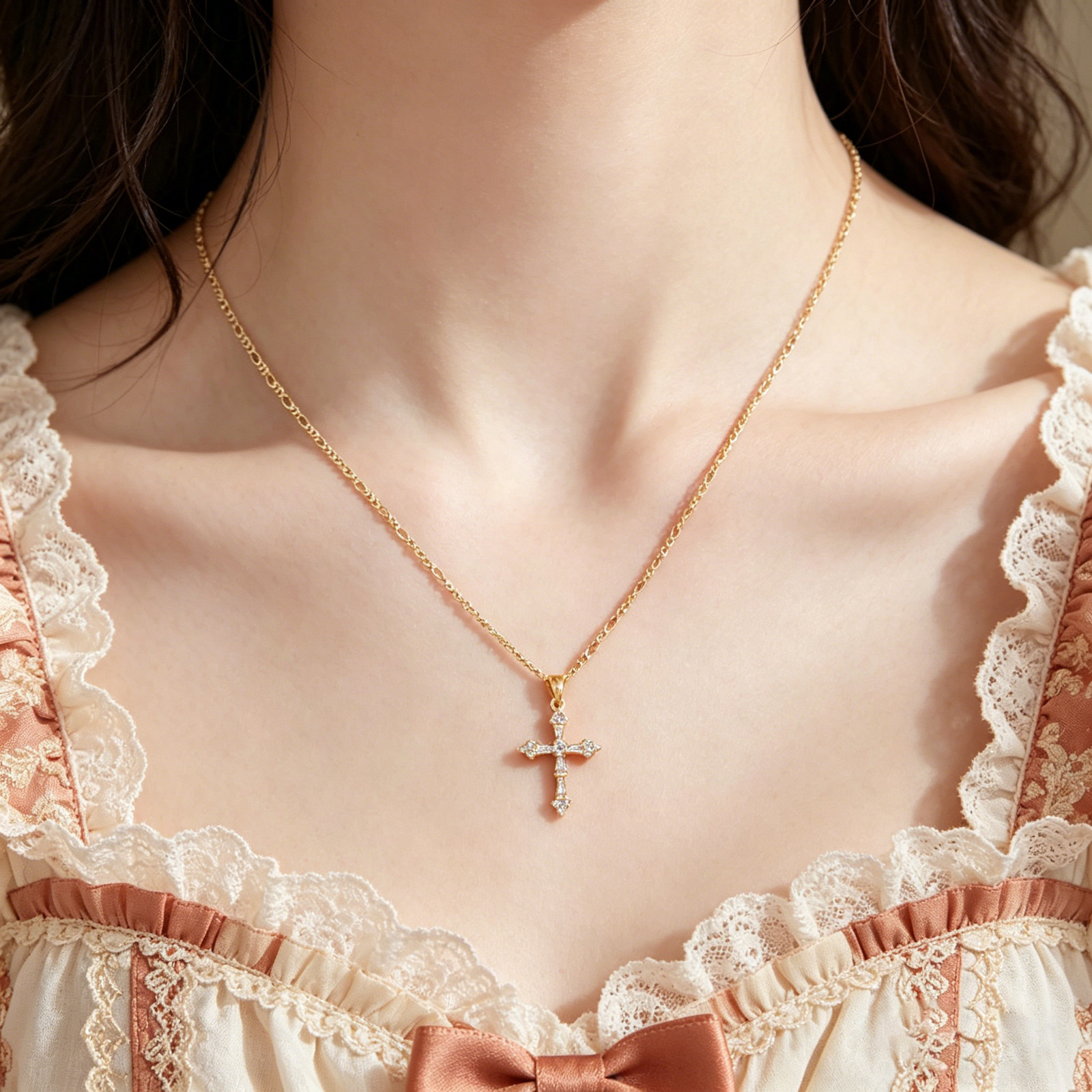 Small Gold Plated Cross Pendant Necklace Dainty Layering Faith Gift for Her