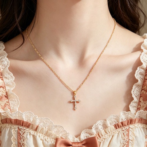 Small Gold Plated Cross Pendant Necklace Dainty Layering Faith Gift for Her