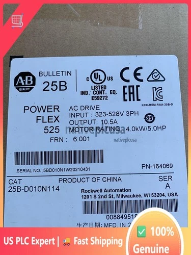 ALLEN BRADLEY 25B-D010N114 PowerFlex 525 VFD, 480V AC, 3-ph, 10.5A, 4kW (5HP)
