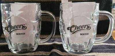 2x 2005 Cheers (Boston) dimpled 16oz clear glass beer mugs
