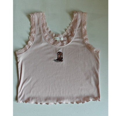 Free For All Light Pink Ribbed Knit Lace Trim Cropped Tank Top Sleeveless M