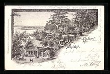 Lithograph Berlin-Wannsee, visitors at the log cabin Nikolskoe 1902 