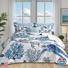 Weesire Coastal Bedding Queen Size Coastal Quilt 2 Shams Nautical Beach